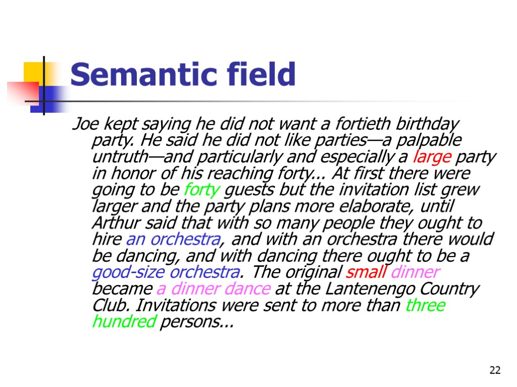 22 Semantic field Joe kept saying he did not want a fortieth birthday party.